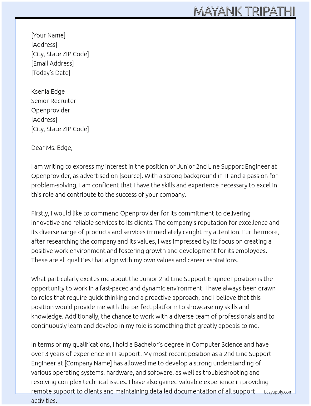 Junior 2nd Line Support Engineer  At Openprovider Cover Letter