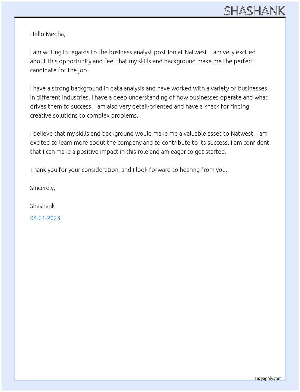 Business Analyst At Natwest Cover Letter