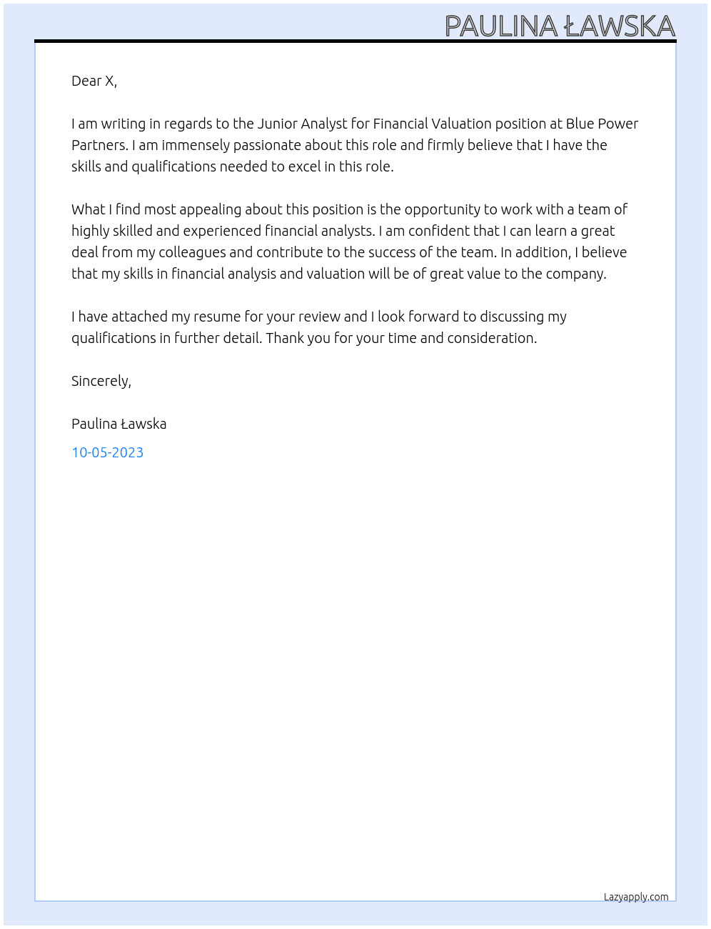 Junior Analyst for Financial Valuation At Blue Power Partners Cover Letter