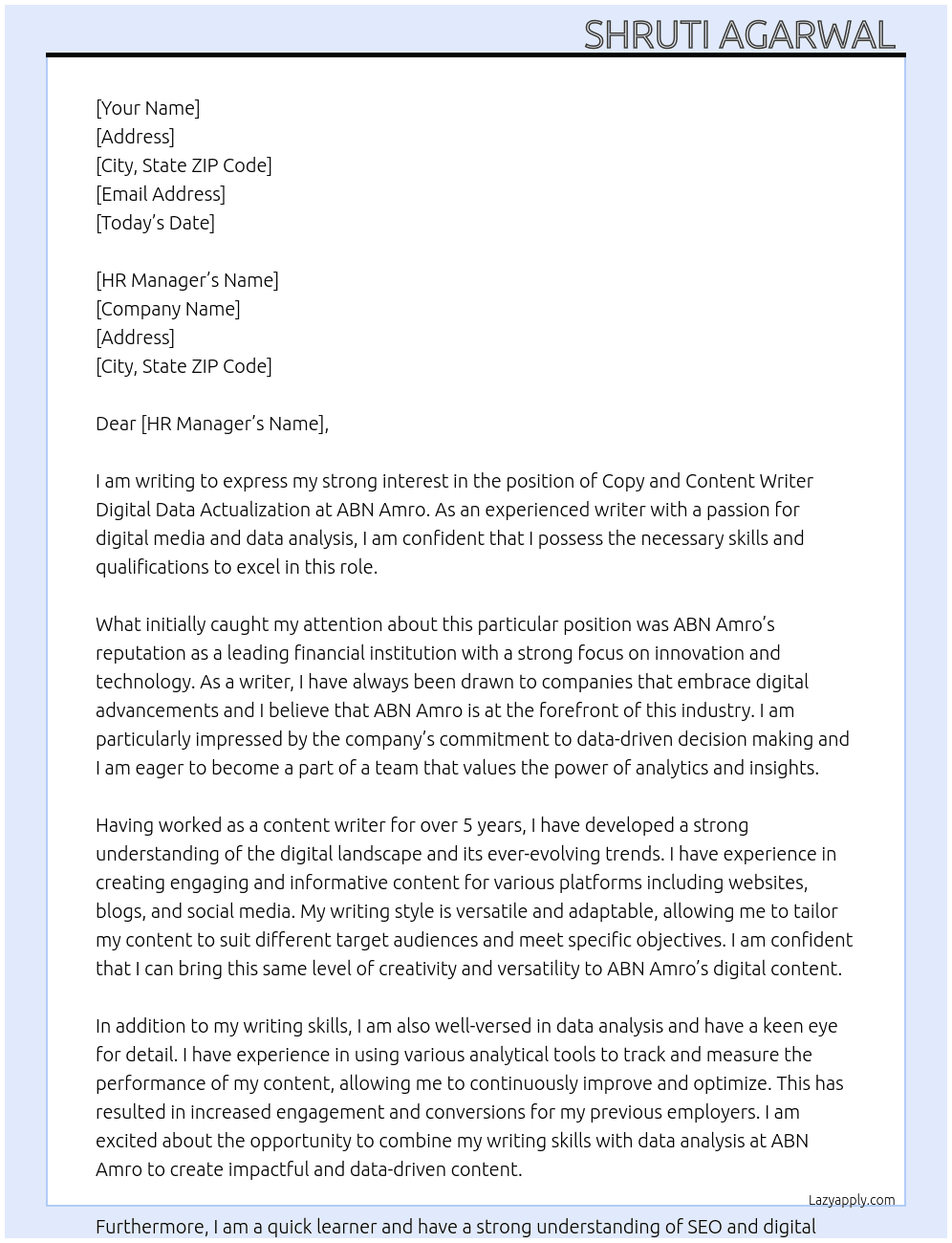 copy and content writer digital data Actualization   At ABN Amro Cover Letter