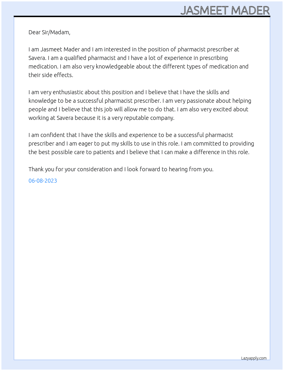 Pharmacist prescriber At Savera Cover Letter