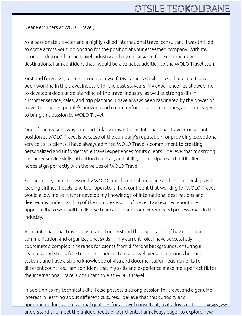 International travel consultant At WOLO Travel Cover Letter