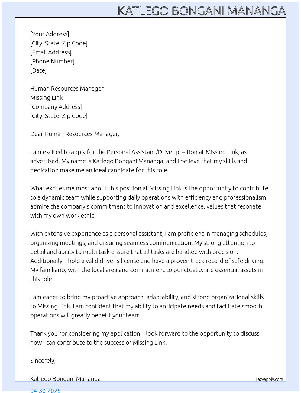 Cover letter for personal assistant/driver - LazyApply