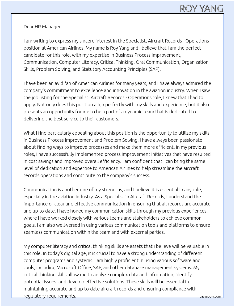 Specialist, Aircraft Records - Operations At American Airline Cover Letter