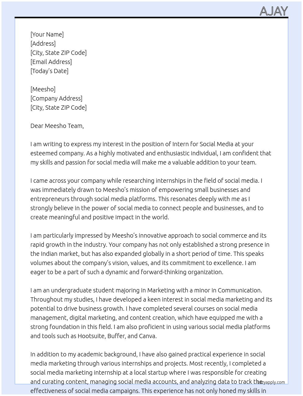 Intern social media  At Meesho Cover Letter
