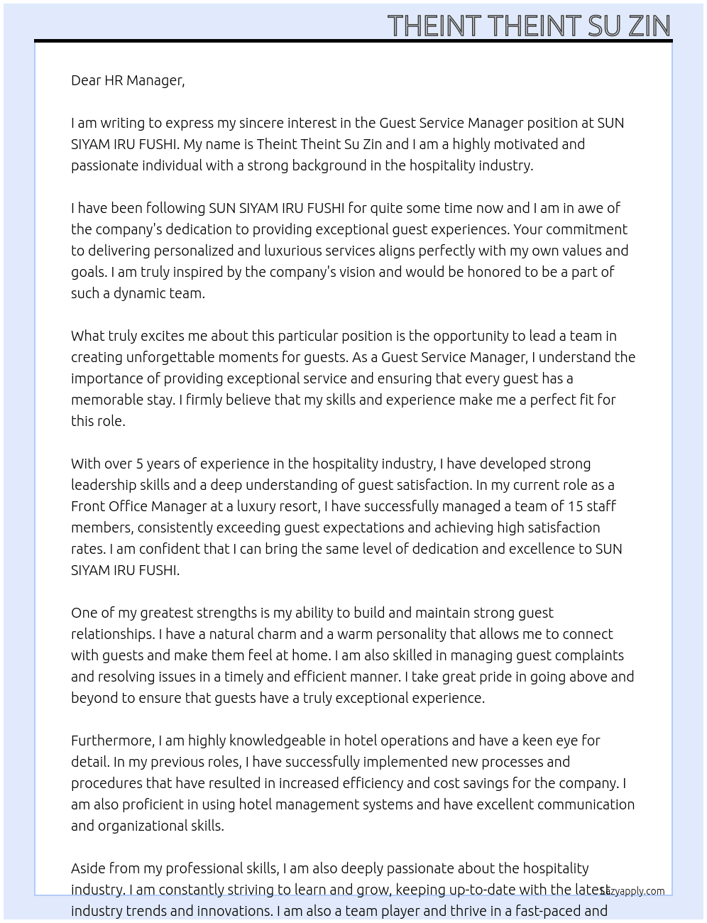 Guest Service Manager At SUN SIYAM IRU FUSHI Cover Letter