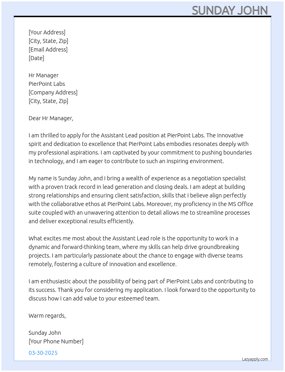Assistant lead At PierPoint Labs  Cover Letter