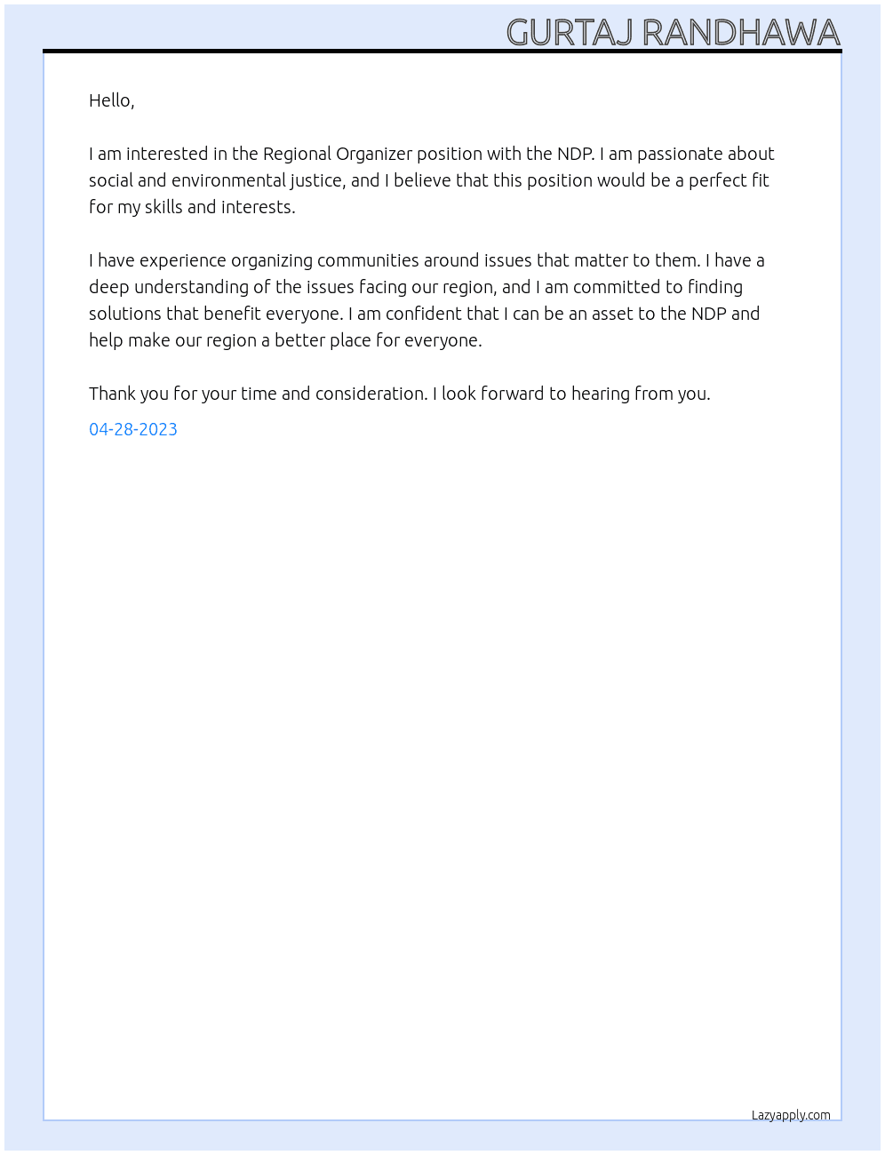 Regional Organizer At NDP Cover Letter