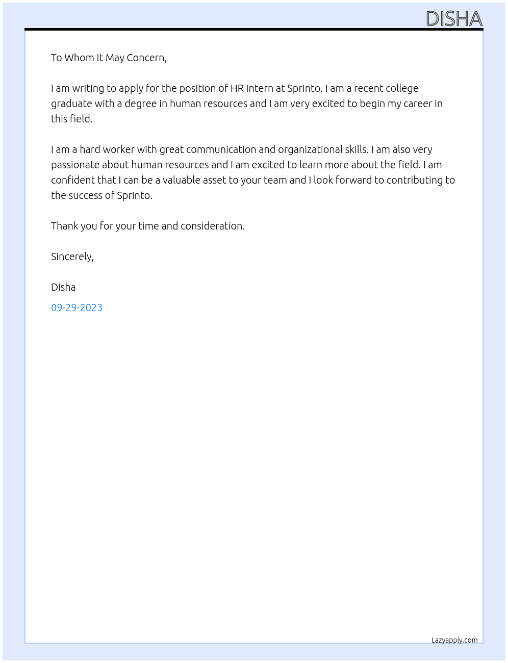 Hr intern At Sprinto Cover Letter