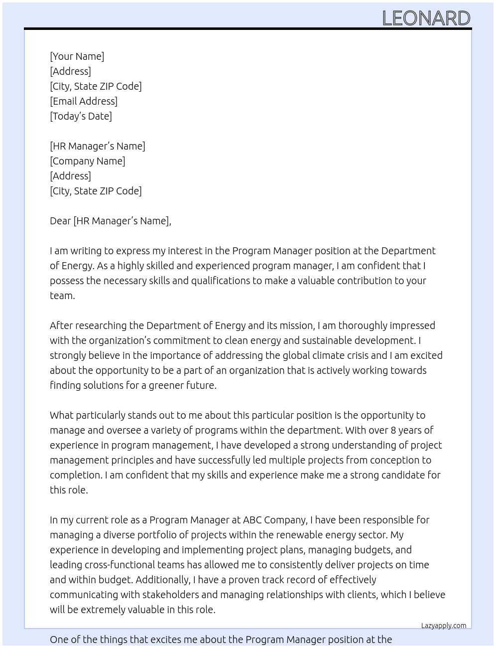 Program Manager At Department of Energy Cover Letter