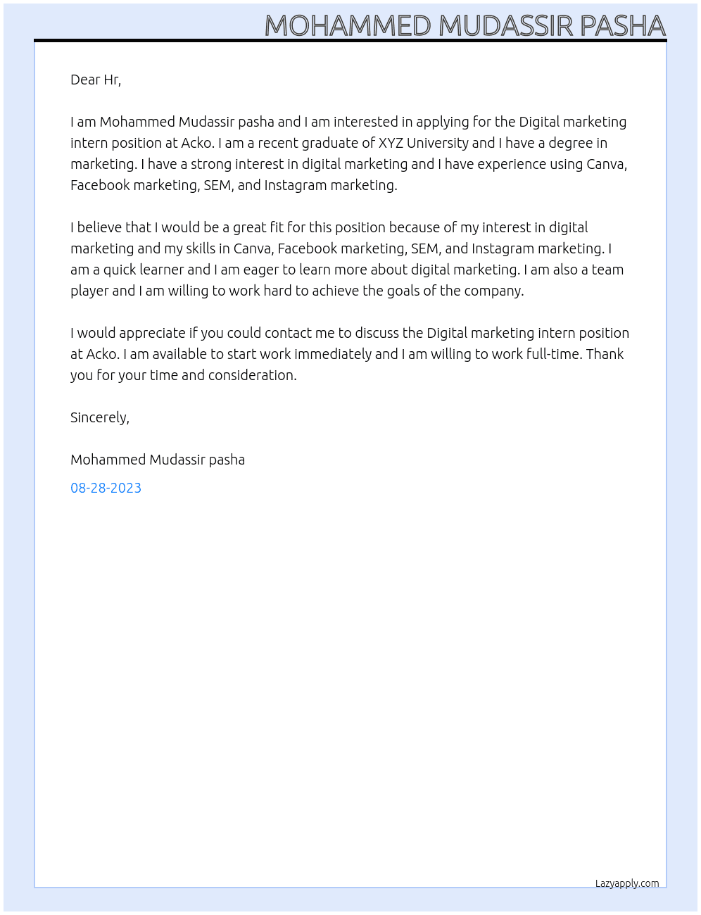 Digital marketing intern  At Acko Cover Letter