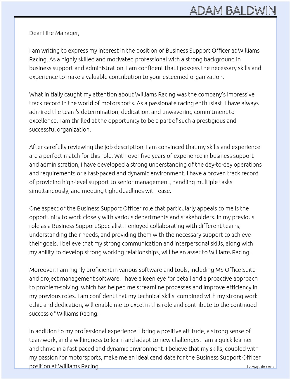 Business Support Officer At Williams Racing Cover Letter