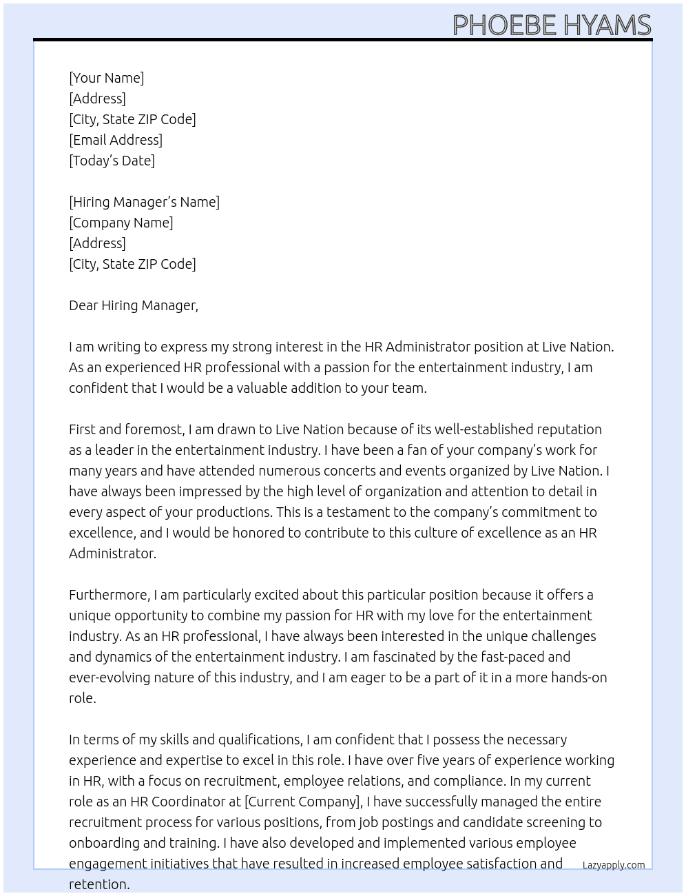 HR Administrator At Live Nation Cover Letter