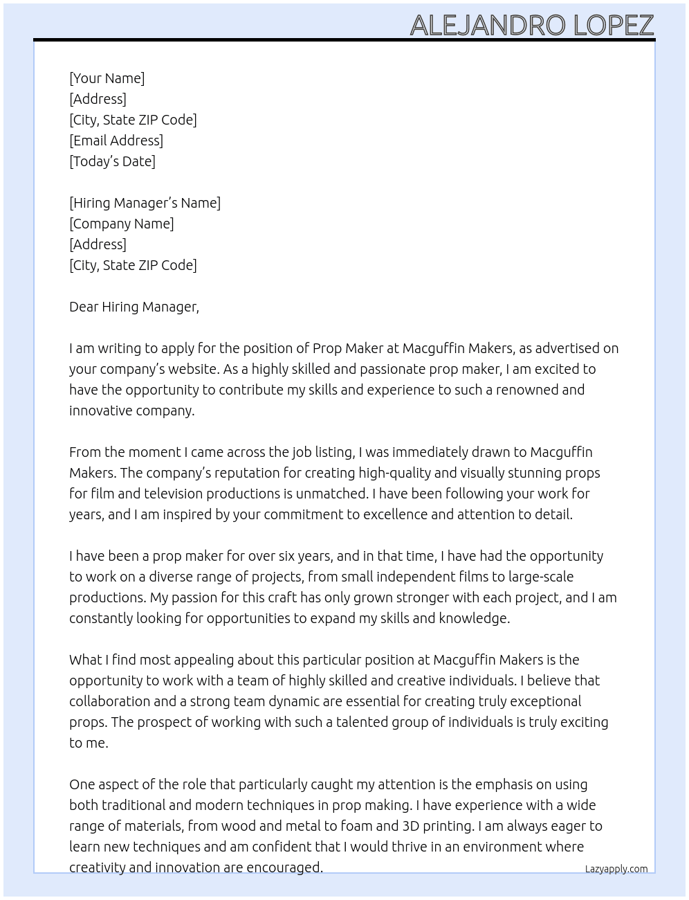 Prop Maker At Macguffin Makers Cover Letter