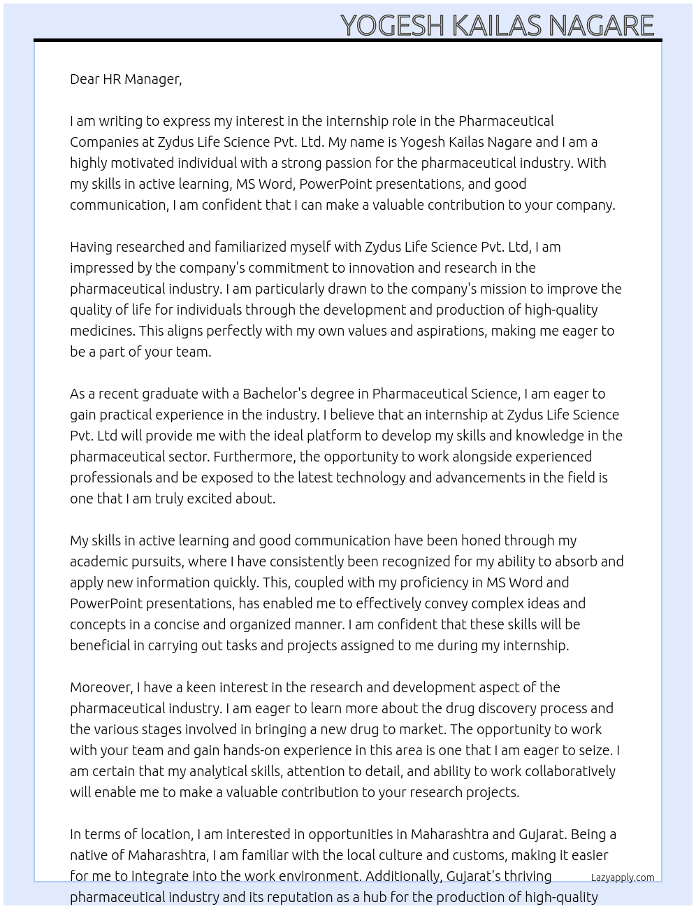 Pharmaceutical companies  At Zydus Life science pvt.ltd Cover Letter