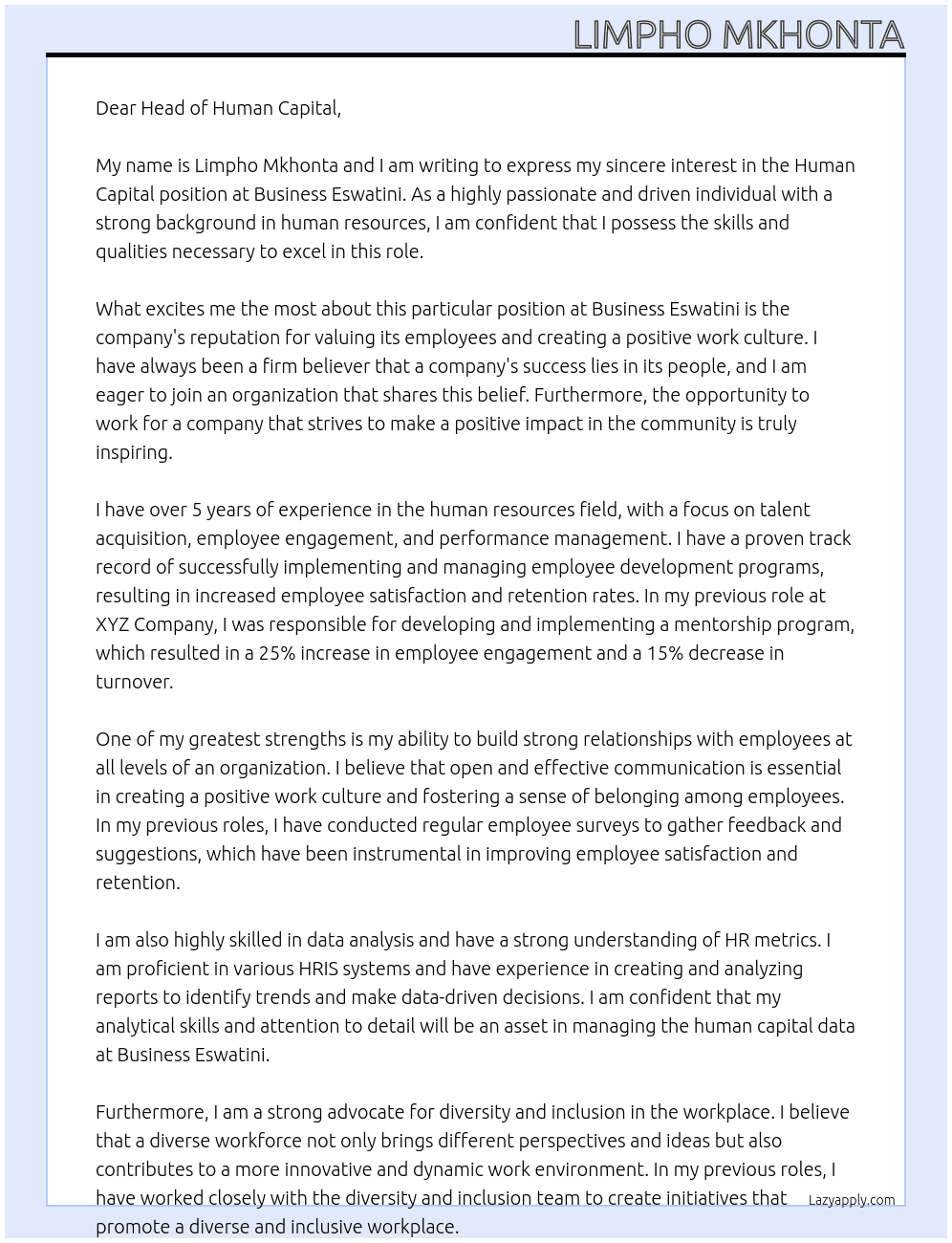 human capital position At Business Eswatini Cover Letter
