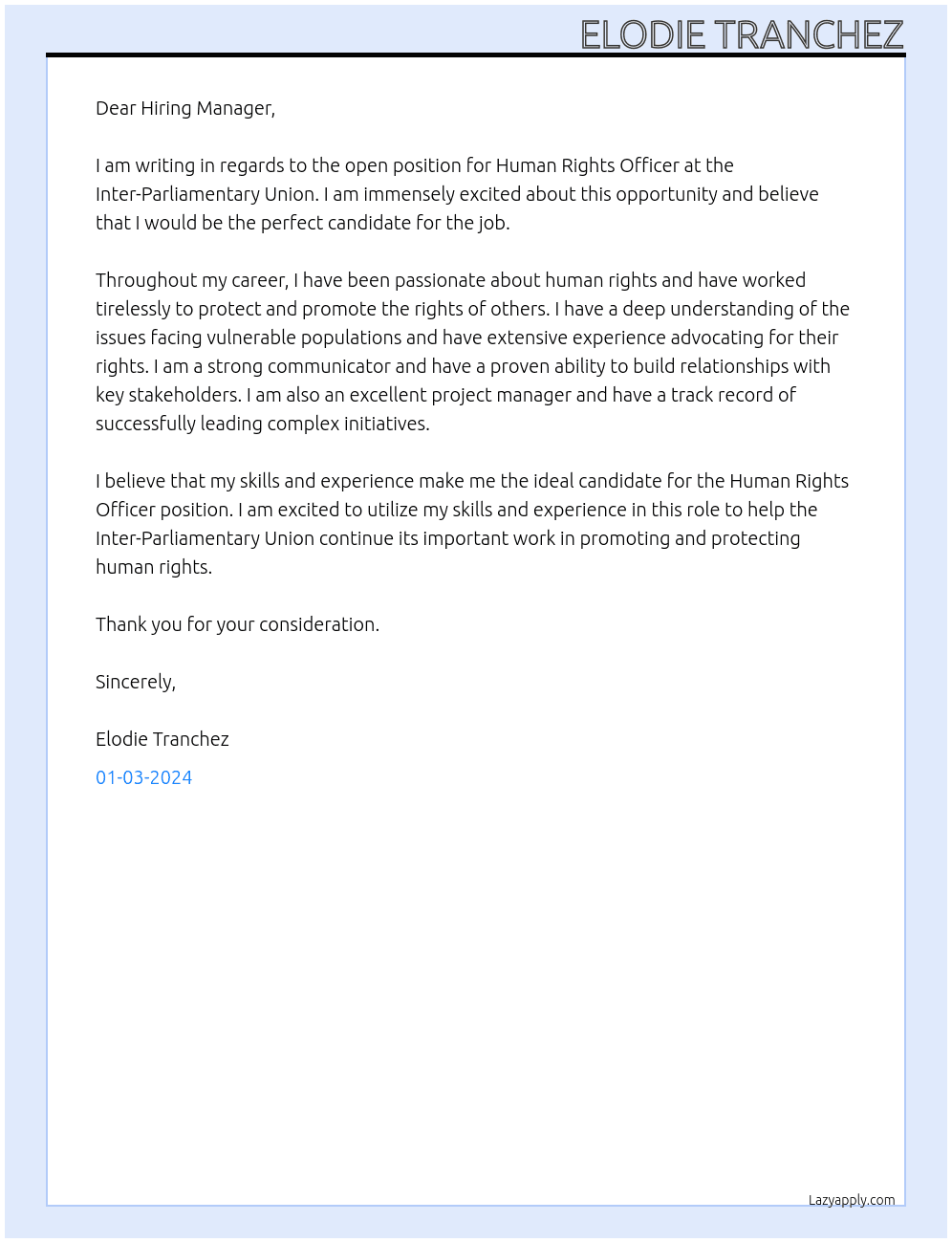 Human Rights Officer At Inter-Parliamentary Union Cover Letter
