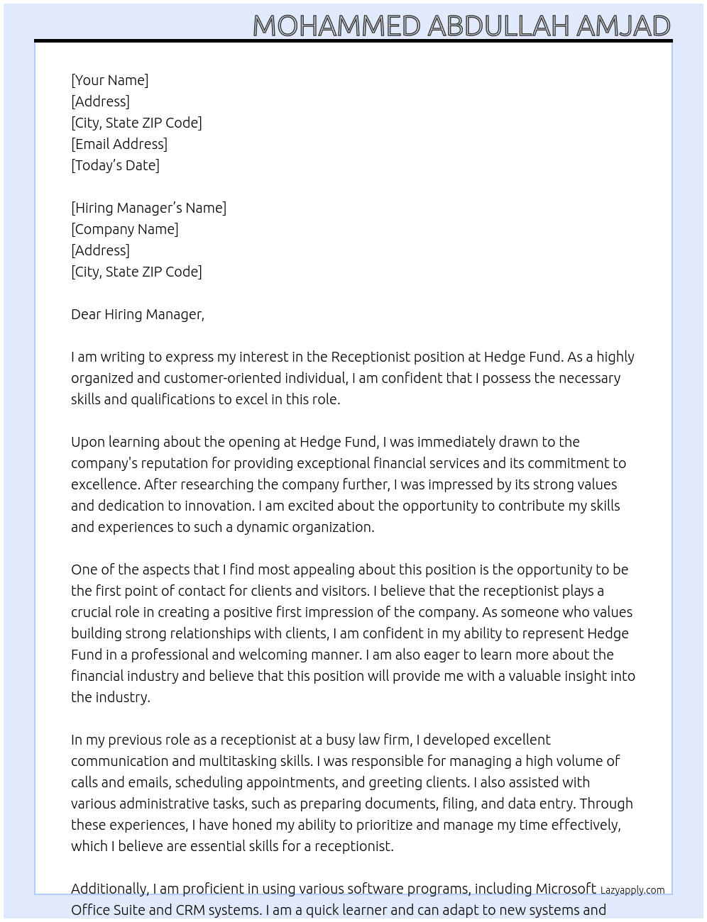 Receptionist  At Hedge Fund Cover Letter