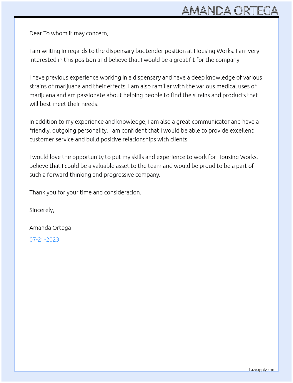 dispensary budtender At Housing Works Cover Letter