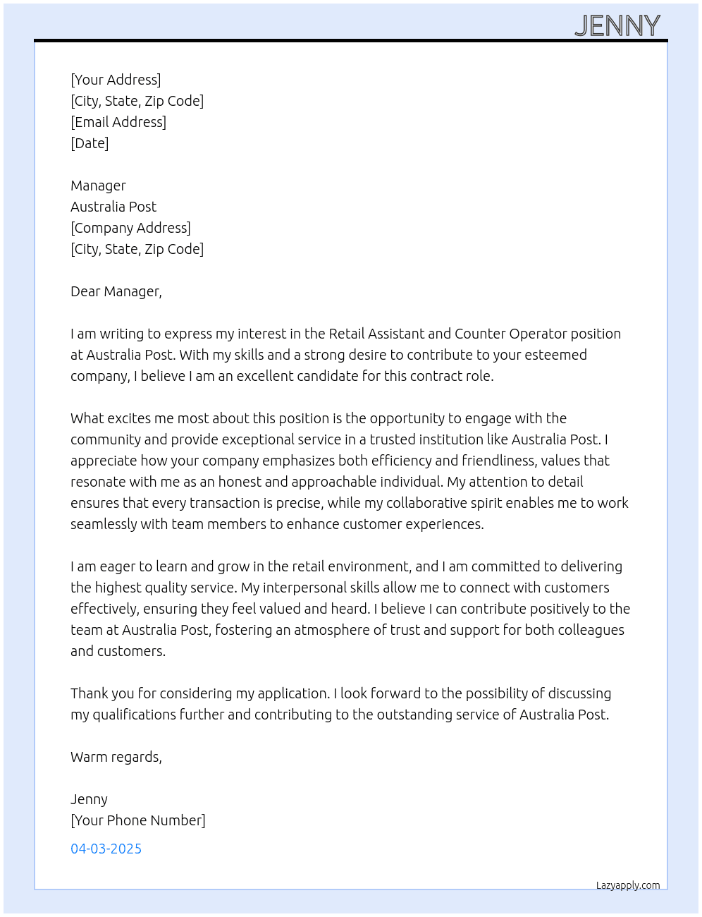 Retail assistant  and counter operator  At Australia post Cover Letter