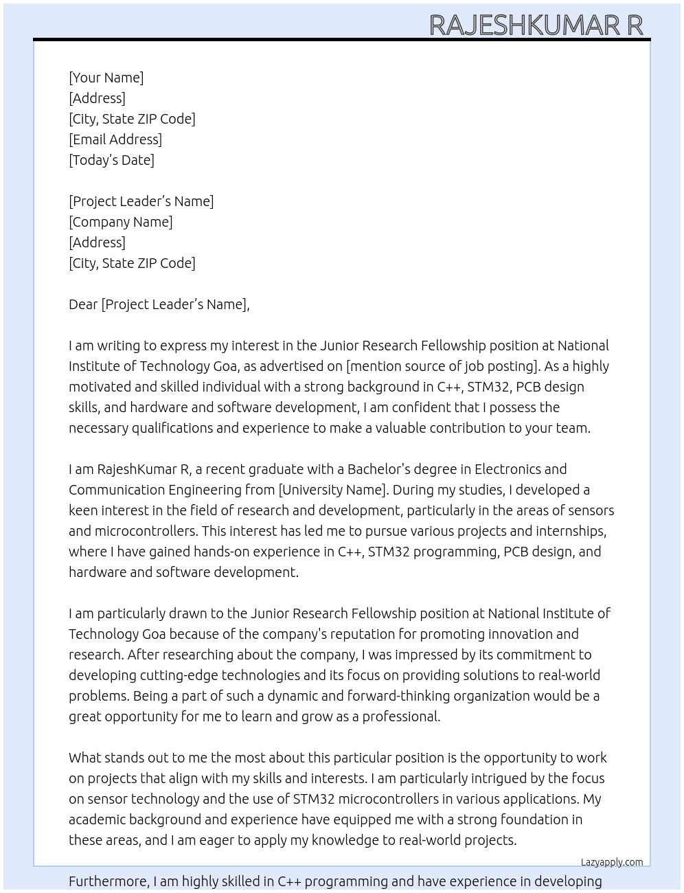 Junior Research fellowship  At National Institute of Technology Goa Cover Letter