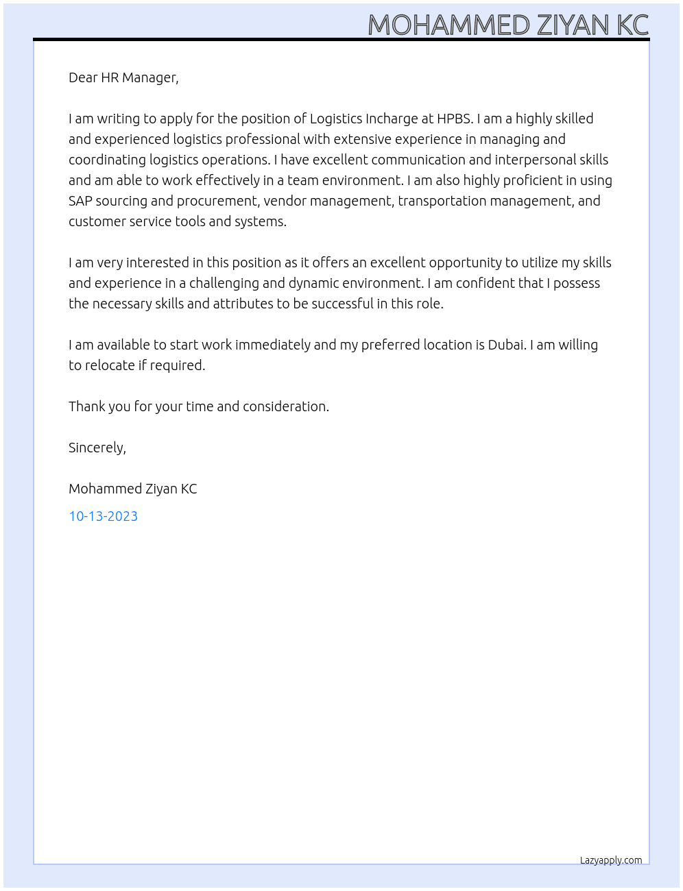Logistics Incharge At HPBS  Cover Letter