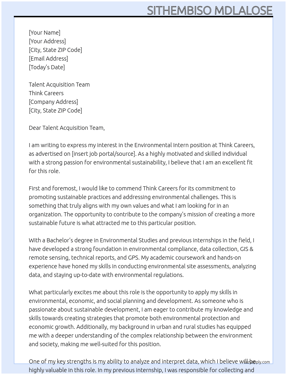 Environmental Intern At Think Careers Cover Letter