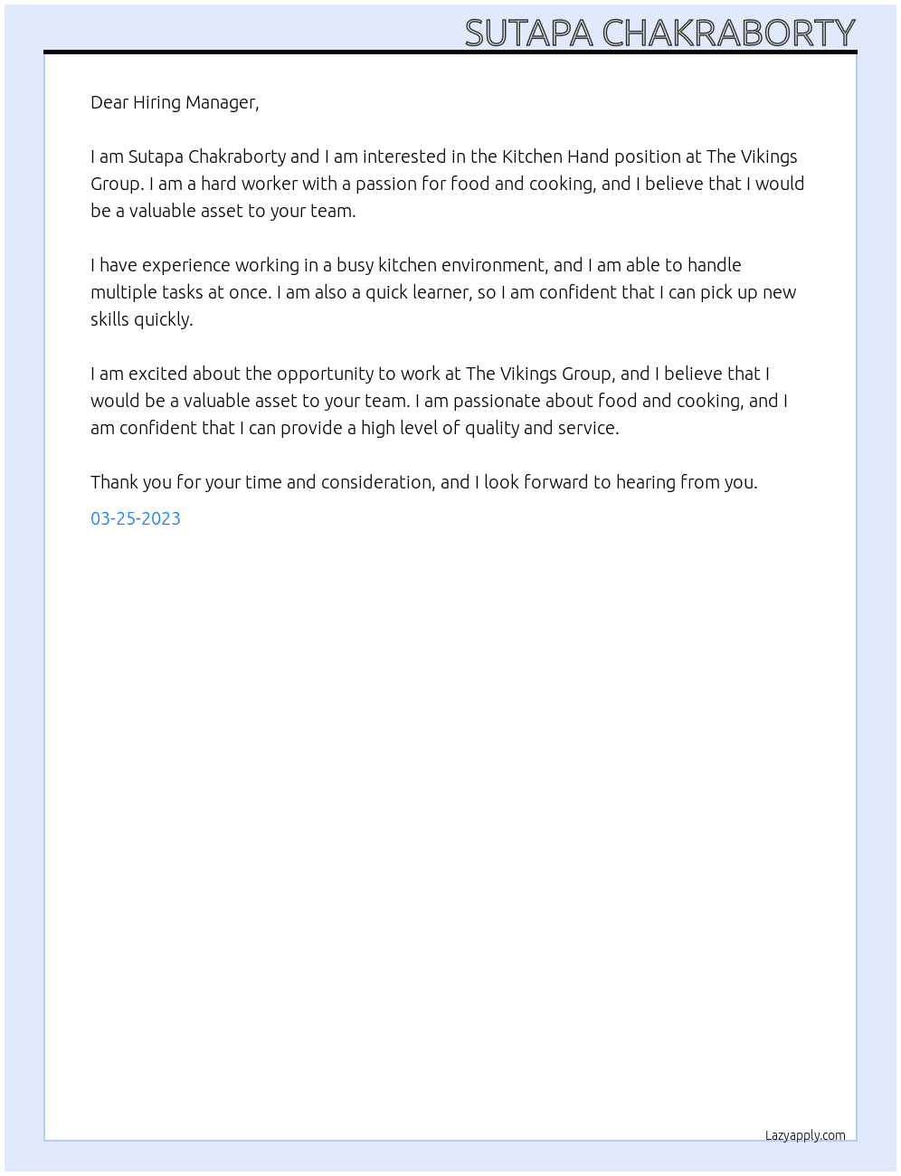 Kitchen Hand At The Vikings Group Cover Letter