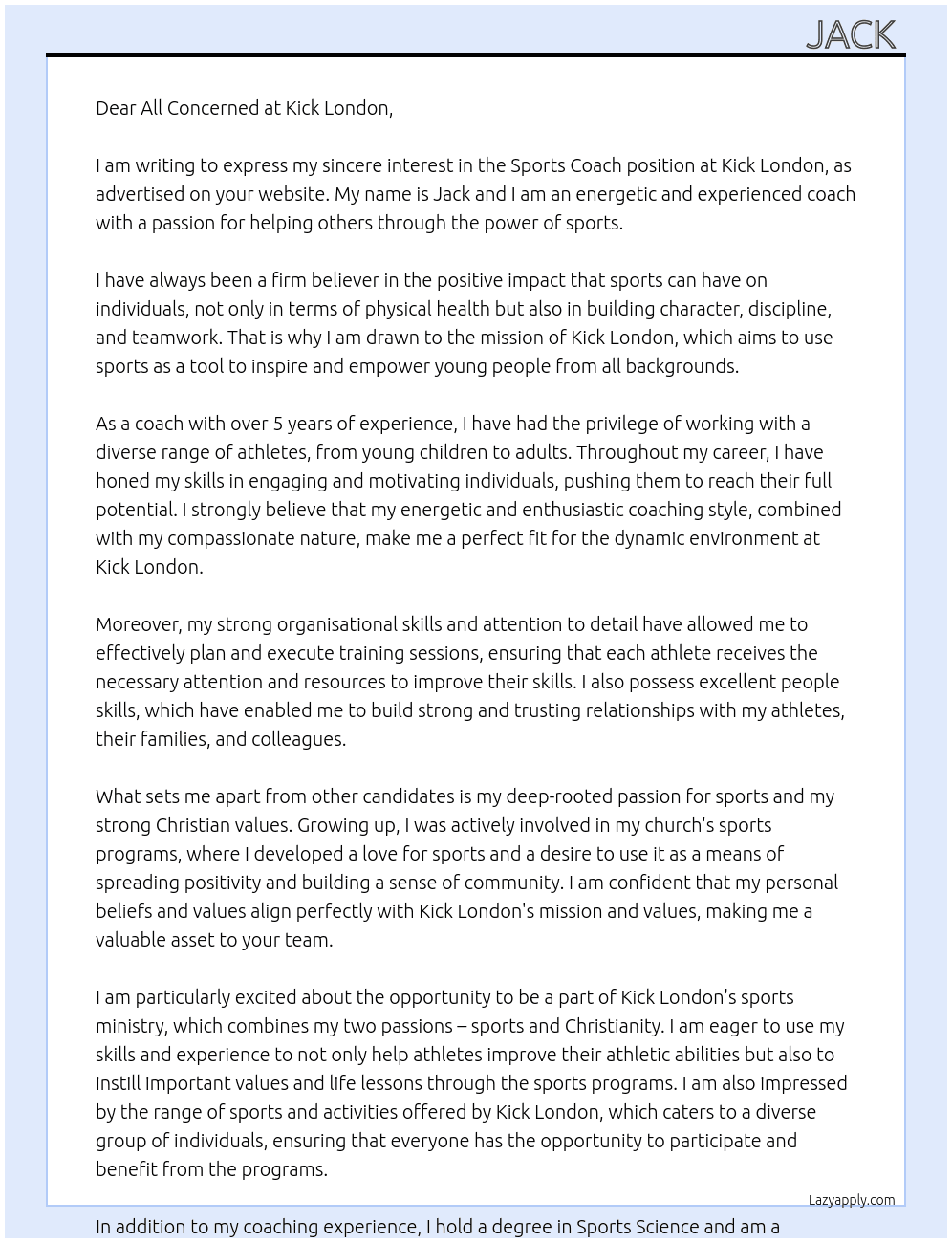 Sports Coach At Kick London Cover Letter