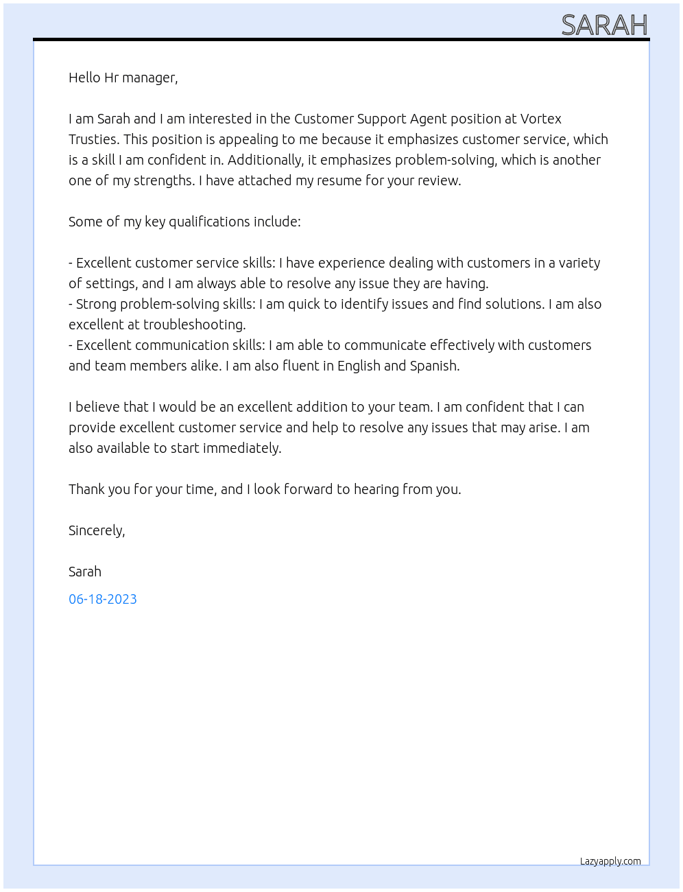 Customer Support Agent  At Vortex Trusties Cover Letter