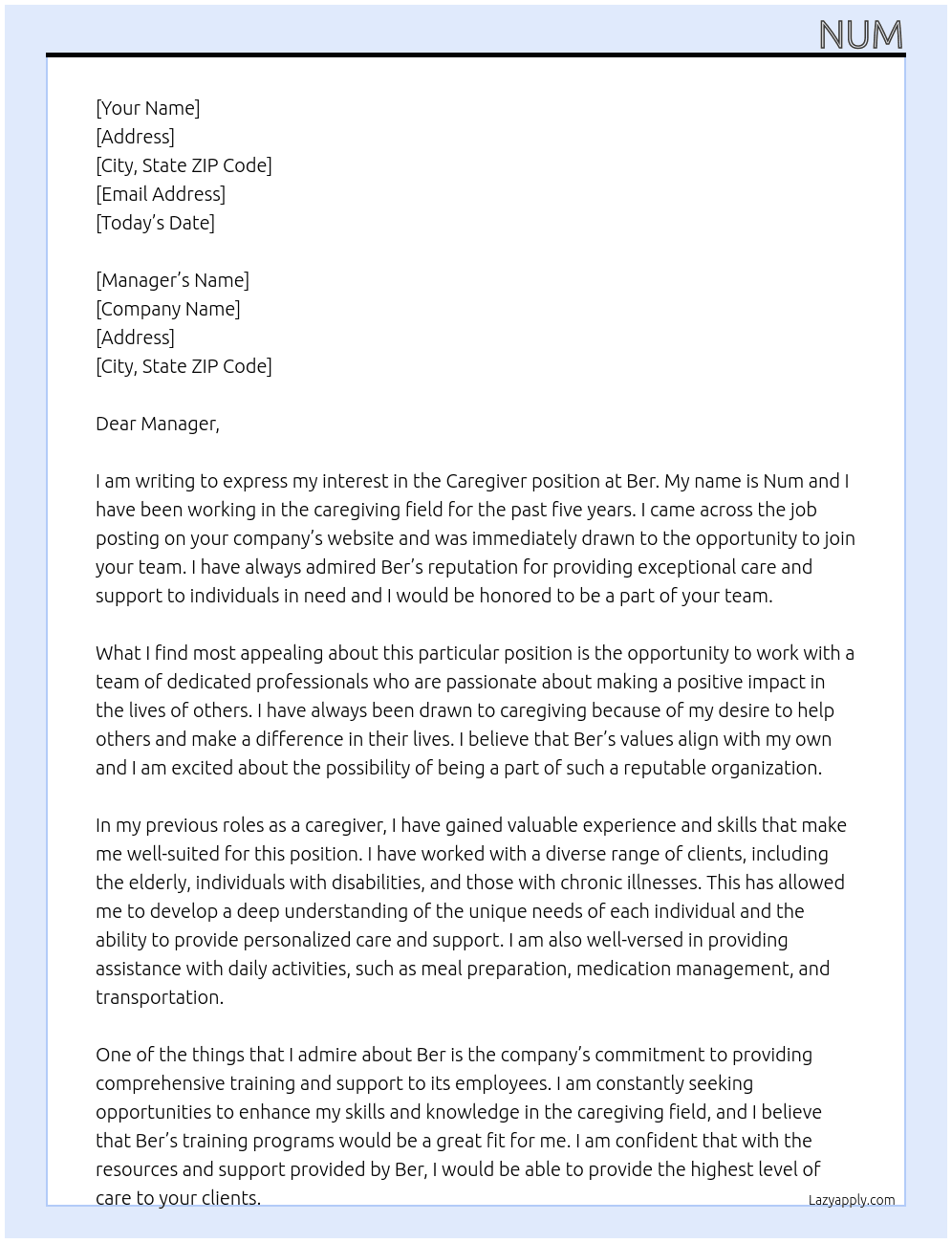 Caregiver At Ber Cover Letter
