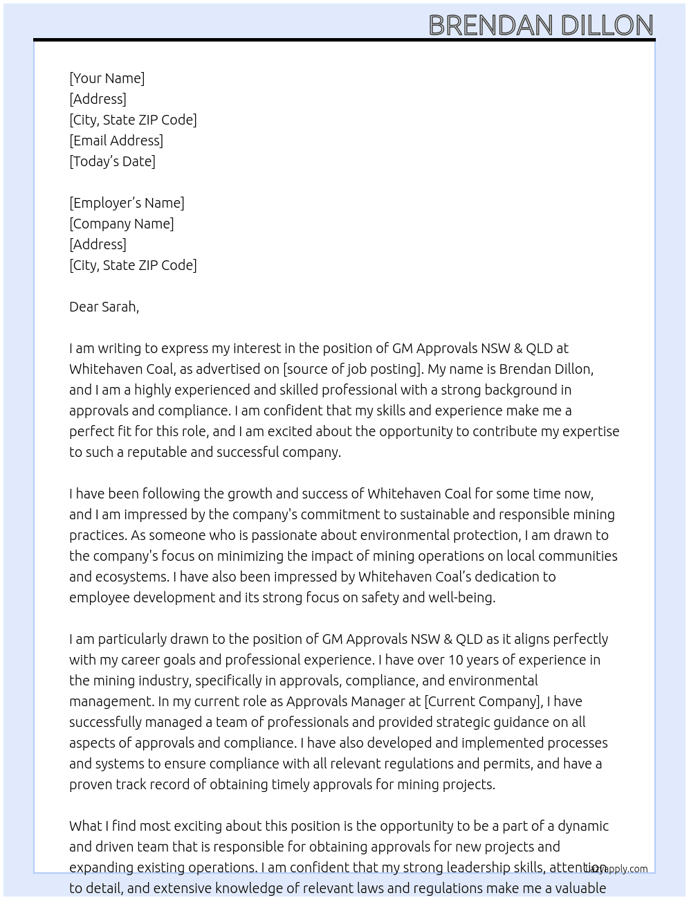 GM Approvals NSW & QLD At Whitehaven Coal Cover Letter