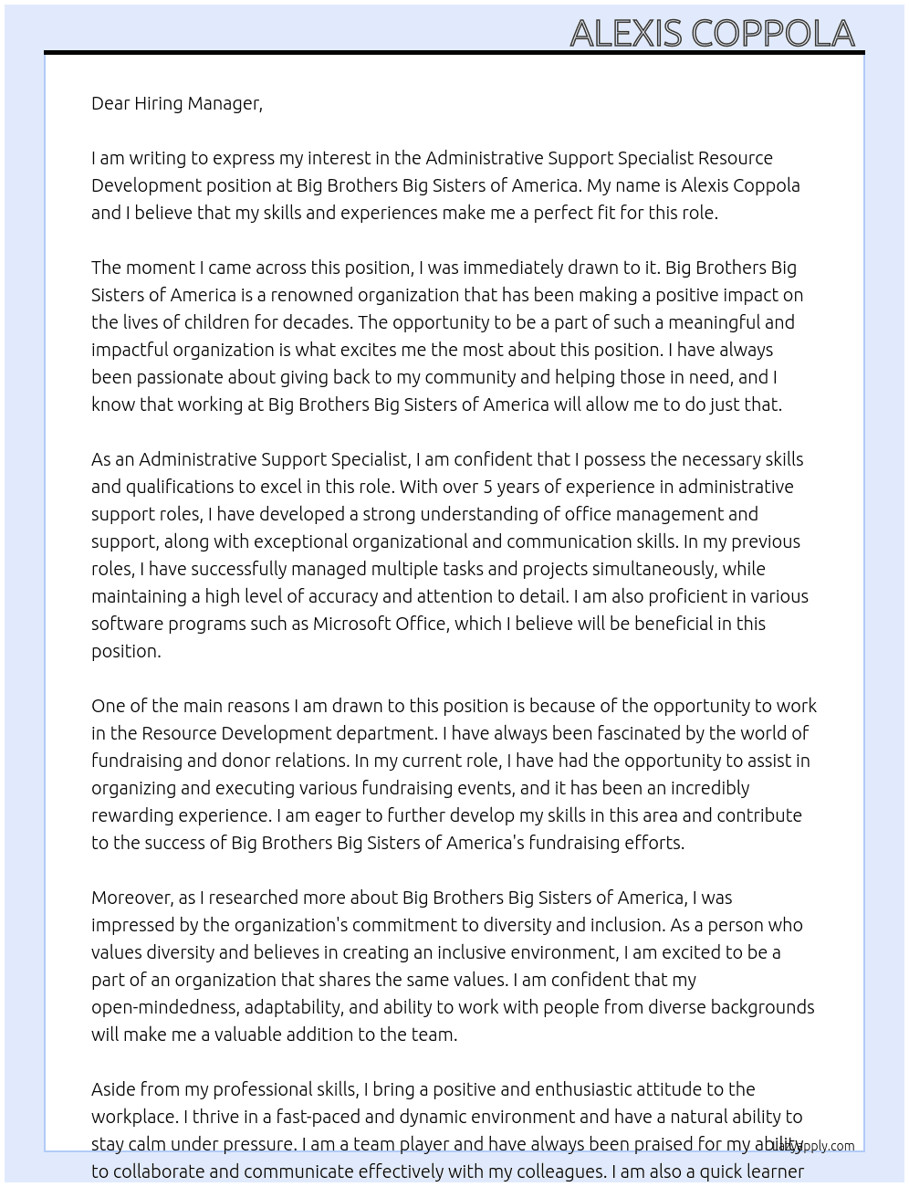 Administrative Support Specialist Resource Development At Big Brothers Big Sisters of America Cover Letter