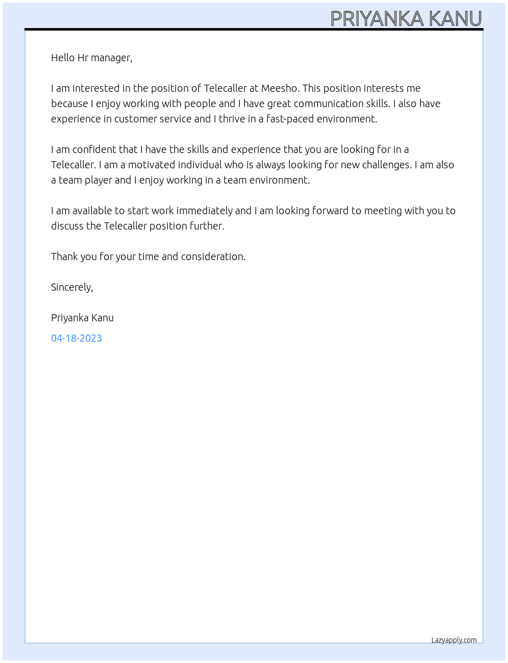 Telecaller At Meesho Cover Letter