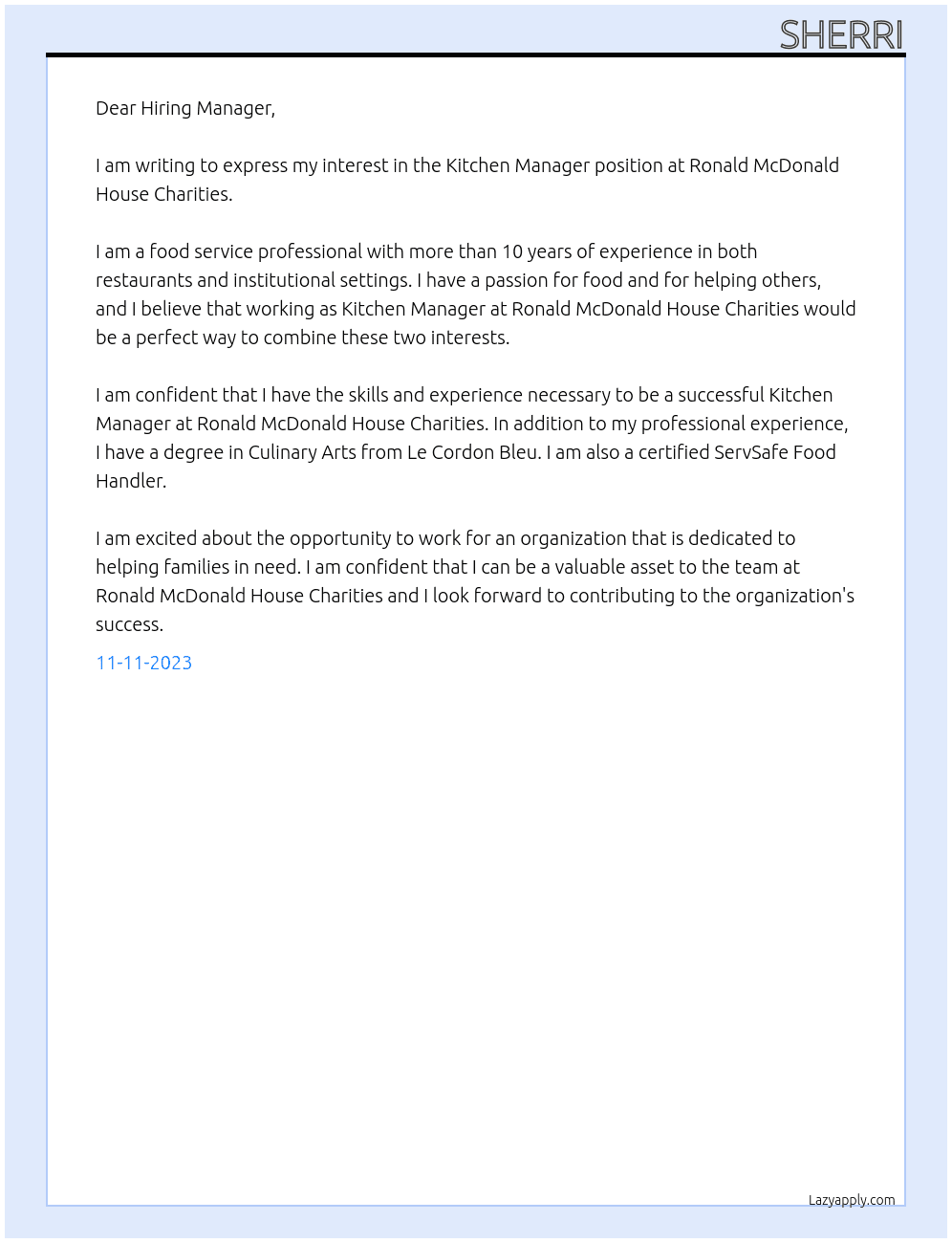 Kitchen Manager At Ronald McDonald House Charities Cover Letter