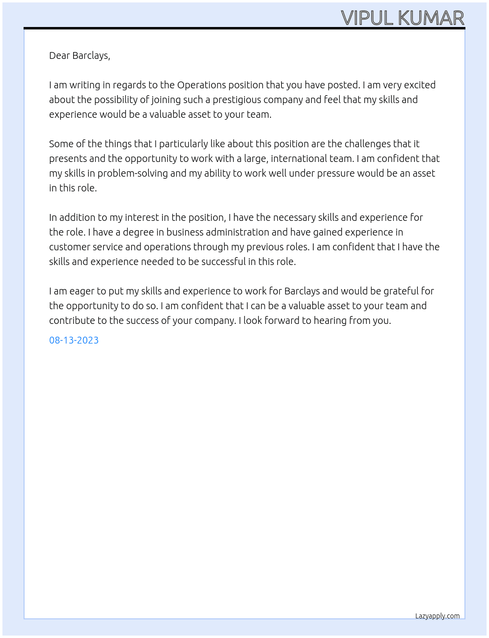 OPERATIONS At BARCLAYS Cover Letter
