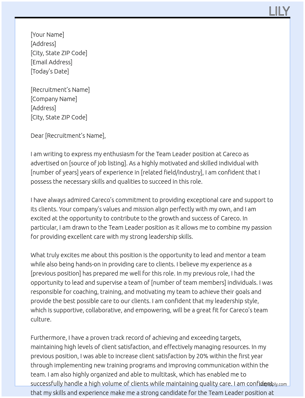 Team leader At Careco Cover Letter