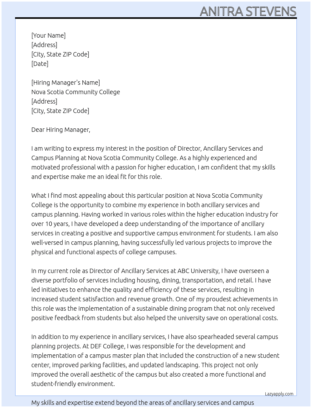Director, Ancillary Services and Campus Planning At Nova Scotia Community College Cover Letter