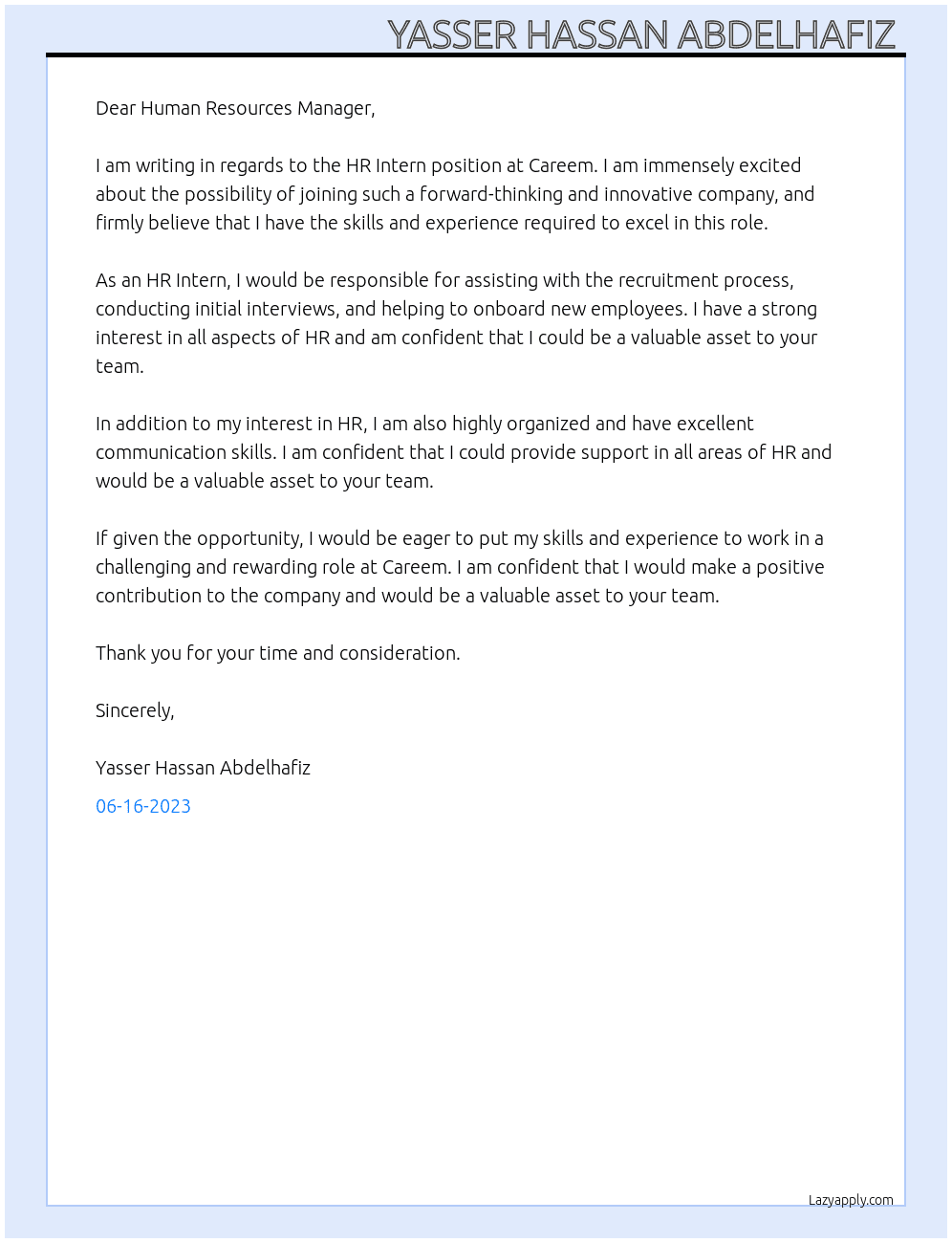 HR Intern At Careem Cover Letter