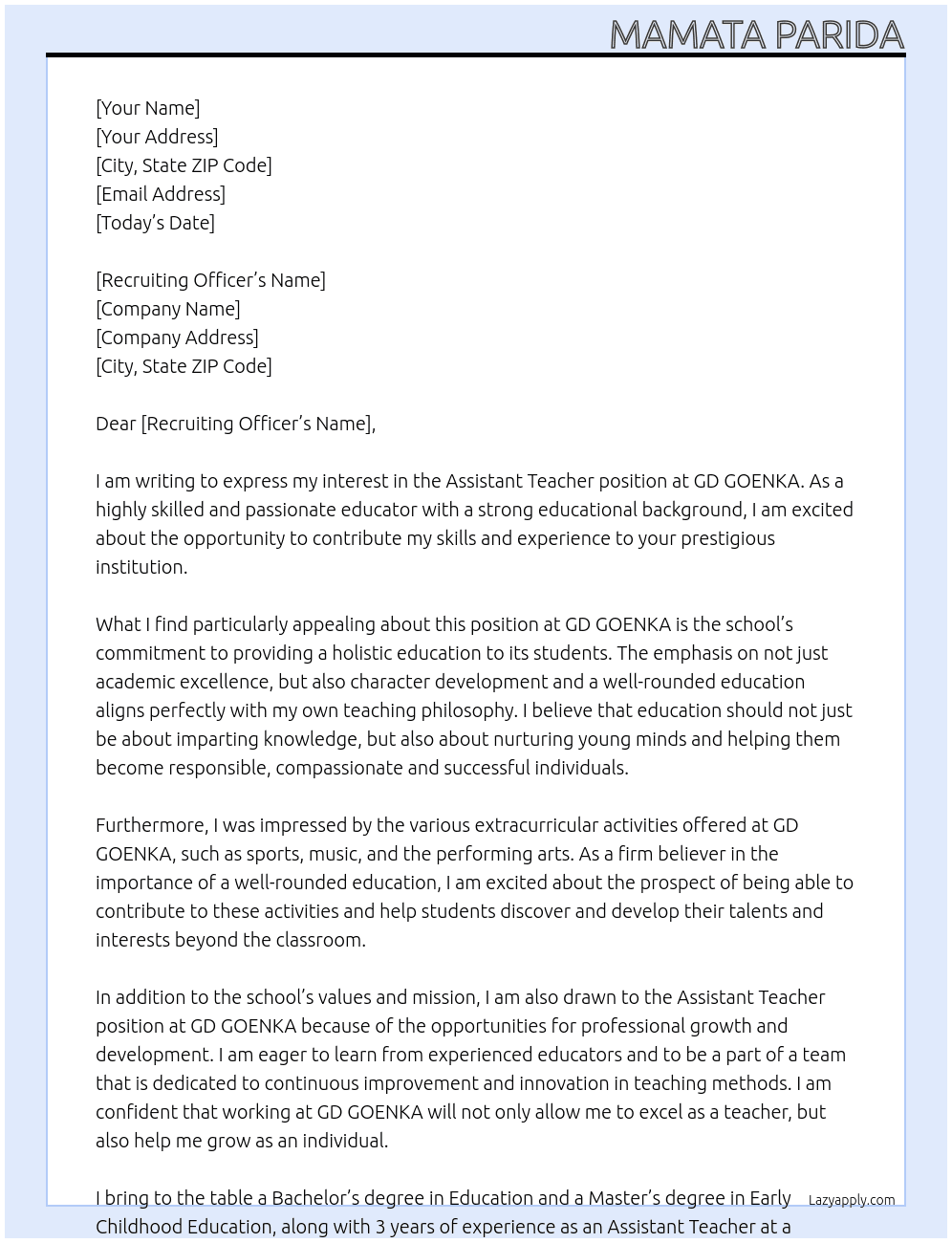 Assistant teacher At GD GOENKA Cover Letter