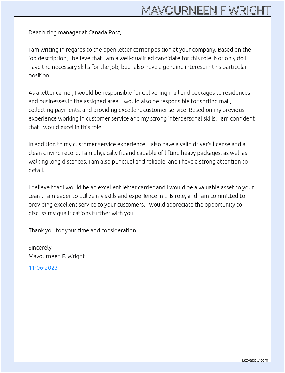  Letter Carrier At Canada Post Cover Letter
