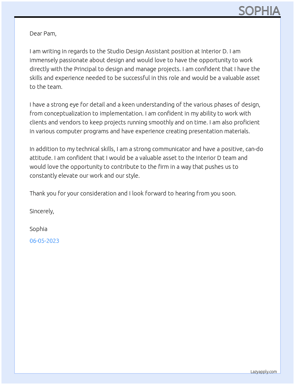 Studio Design Assistant At Interior D Cover Letter