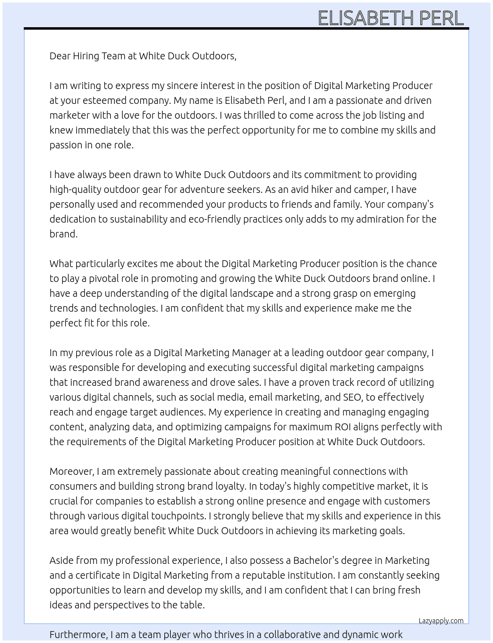 Digital Marketing Producer   At White Duck Outdoors Cover Letter