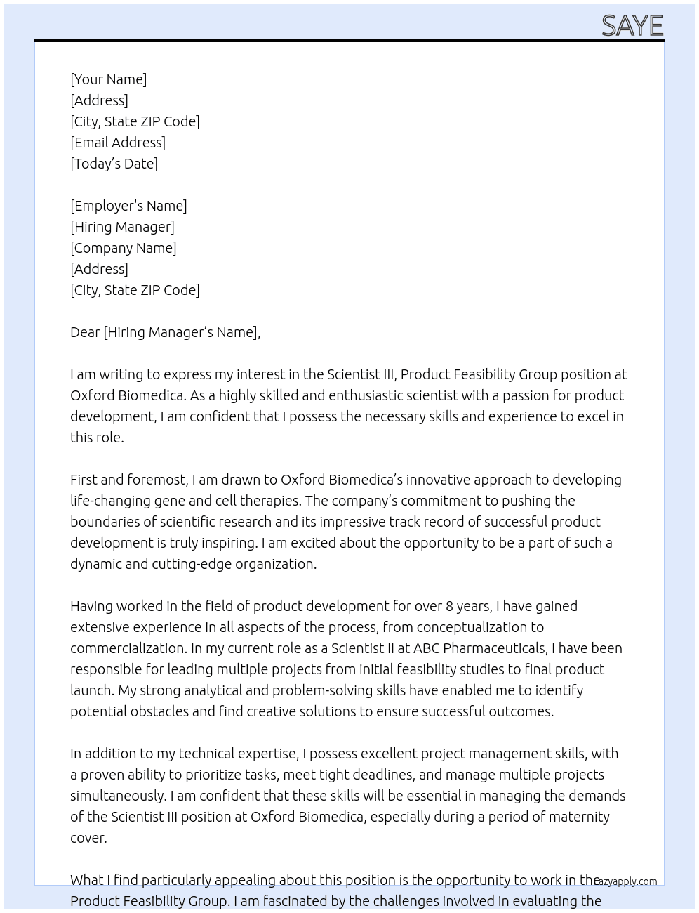Scientist III, Product Feasibility Group - 12 Months Maternity Cover At Oxford Biomedica Cover Letter