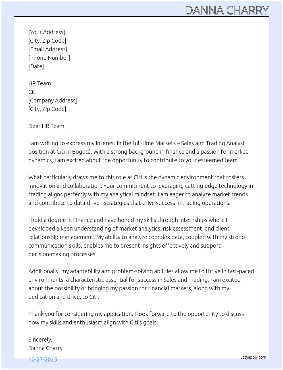 Markets – Sales and Trading Analyst At Citi Cover Letter