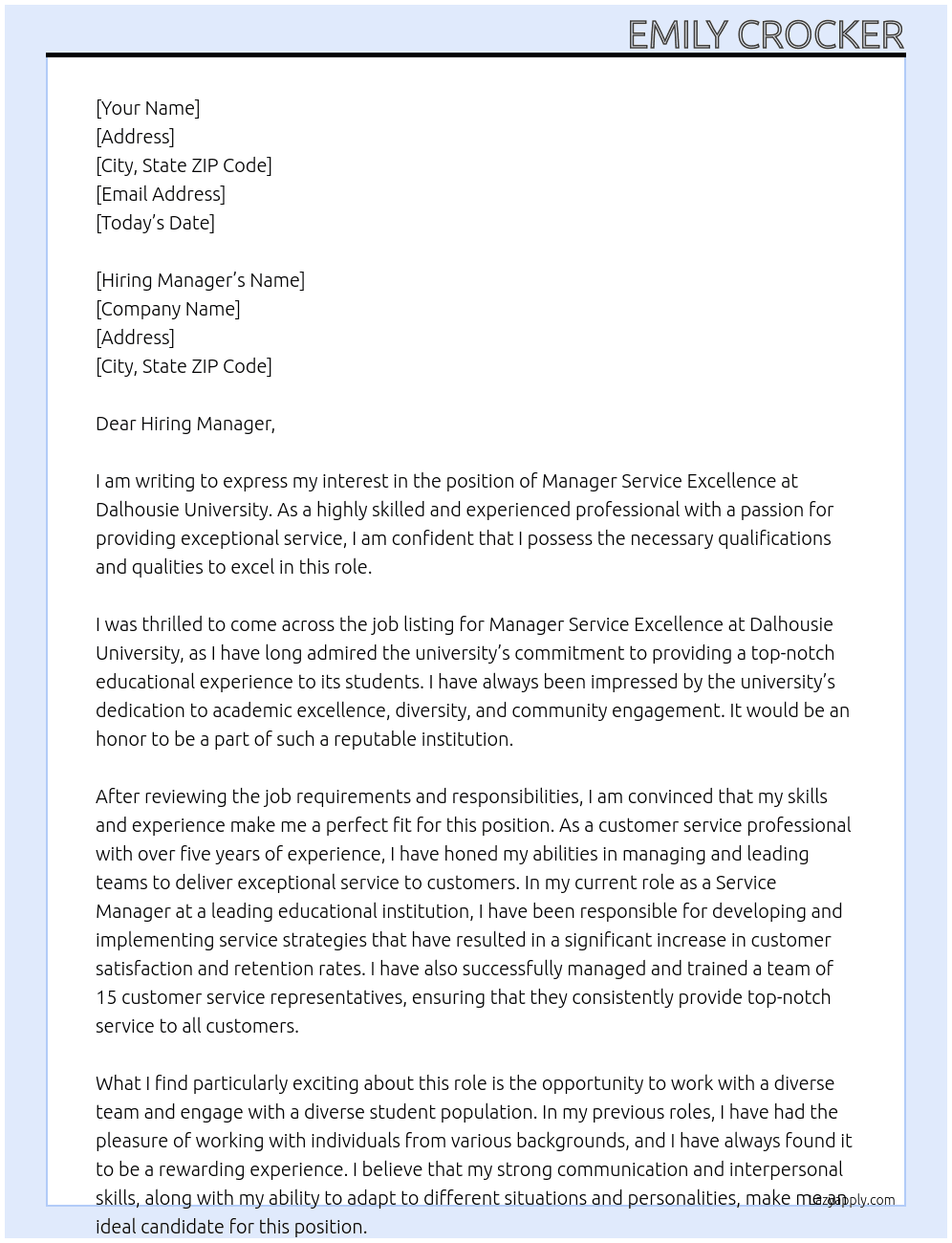 Manager Service Excellence At Dalhousie University Cover Letter