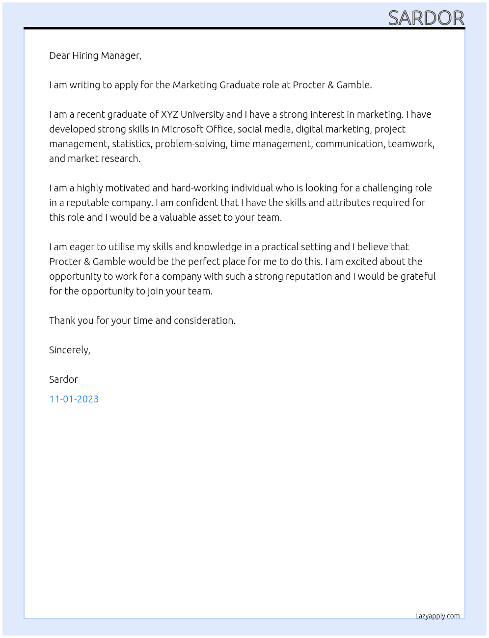 Marketing Graduate Role At Procter & Gamble Cover Letter