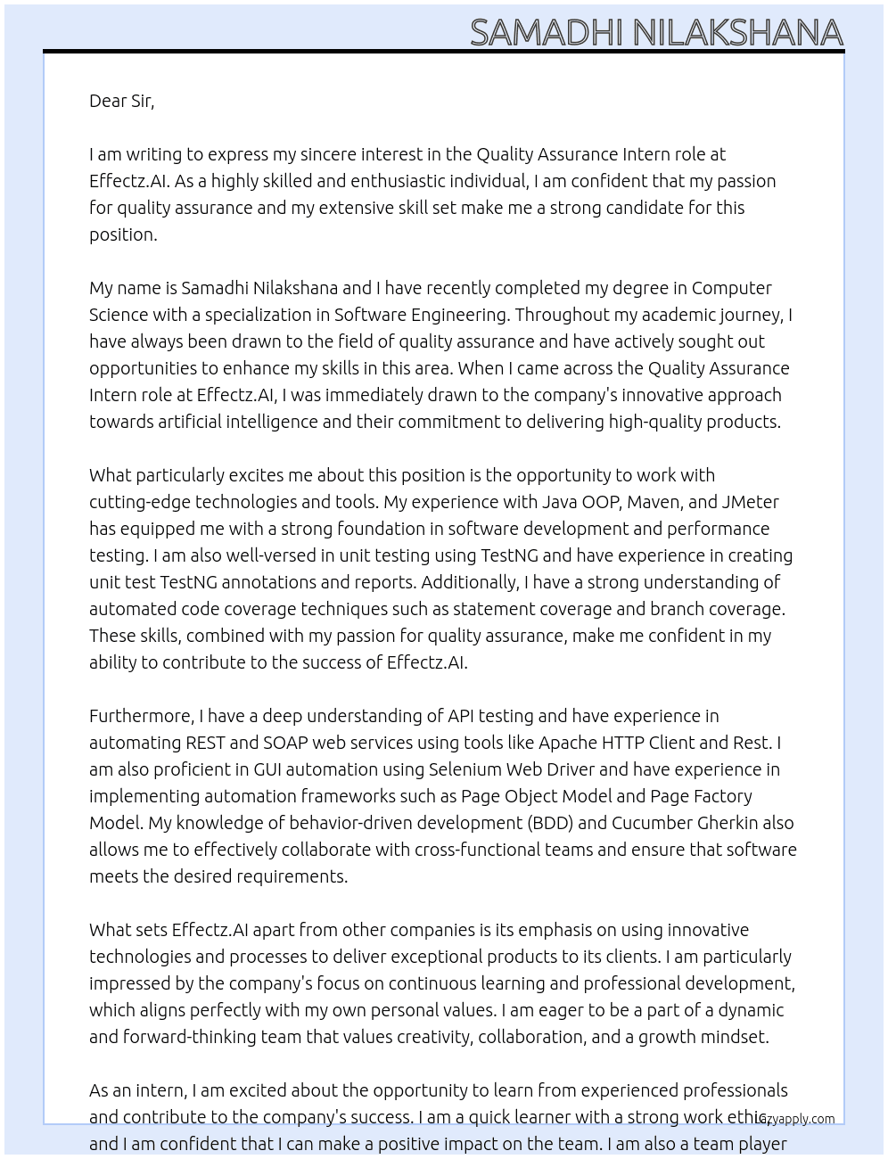 Quality Assurance At Effectz.AI Cover Letter