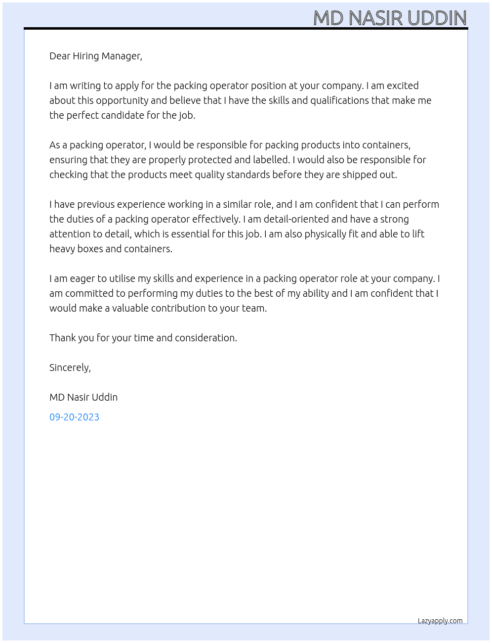 Packing operator At Hiring manager Cover Letter