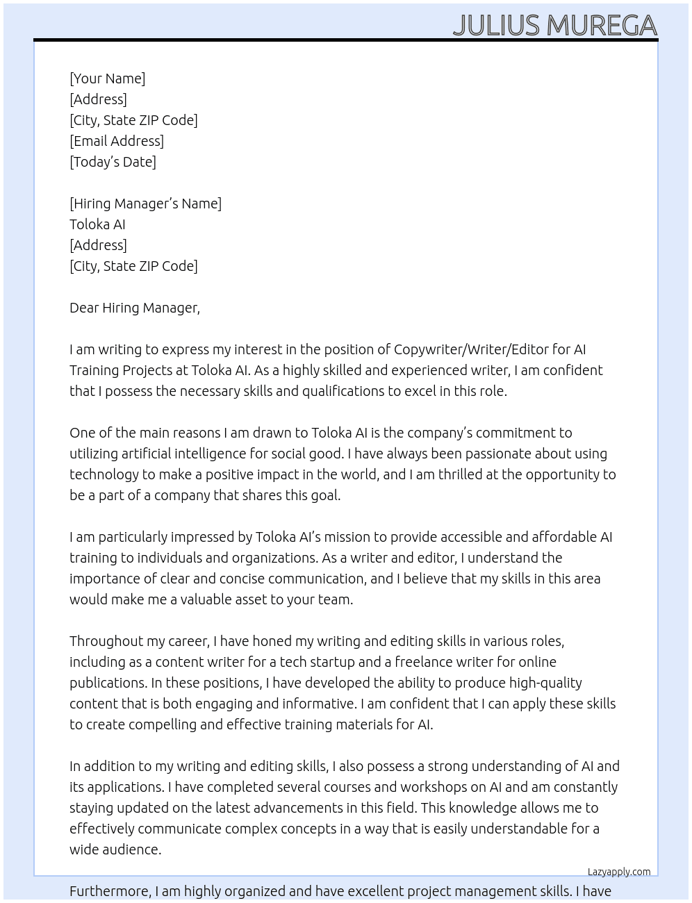 Copywriter/Writer/Editor for AI Training Projects At Toloka AI Cover Letter